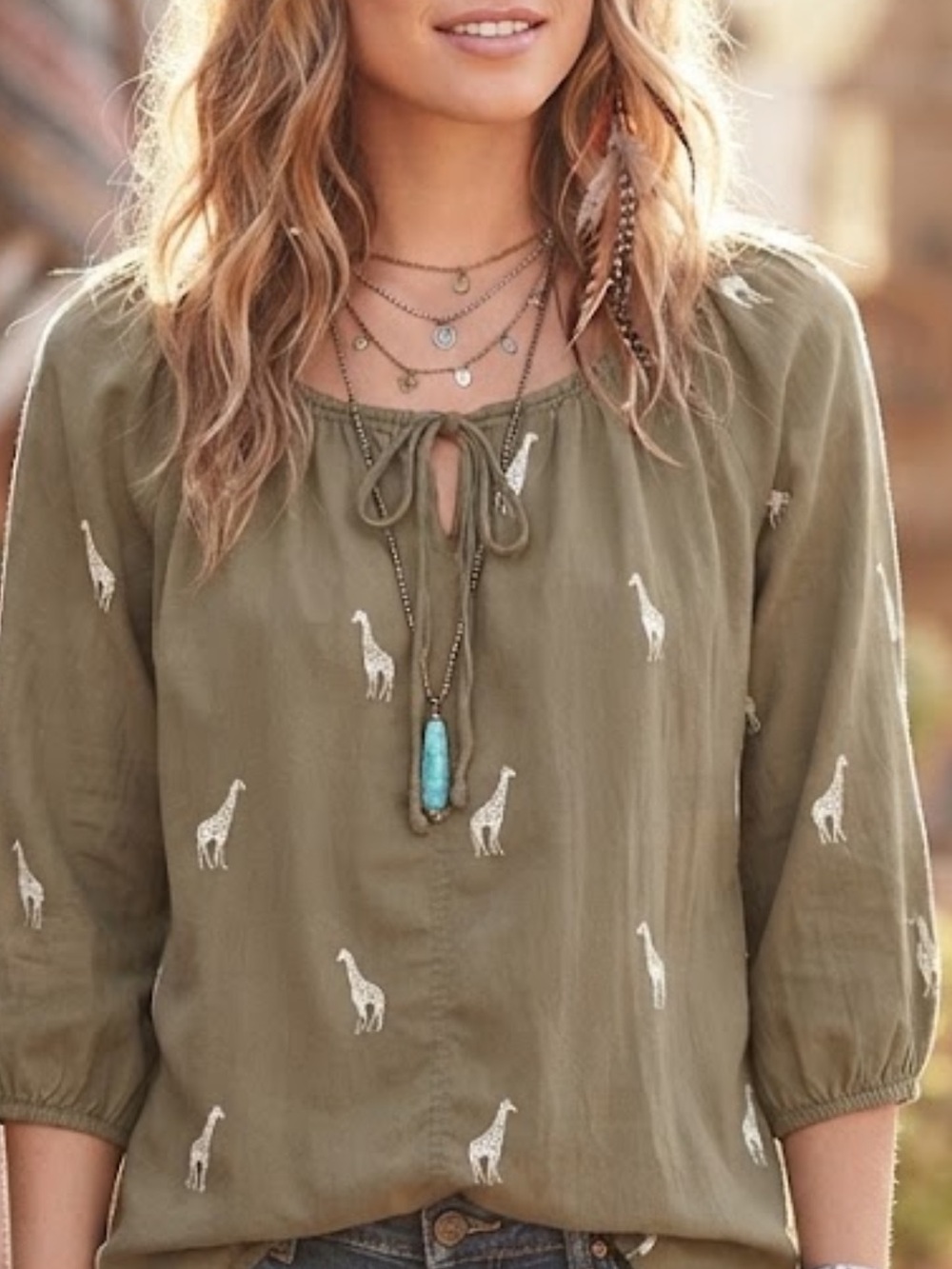 LOFT Giraffe Embroidered Tie Neck Peasant Blouse Olive Taupe xl